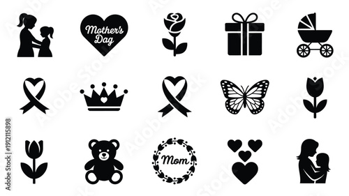 Mother's day silhouette icons set black symbols for love gifts and family mom hearts flowers and more