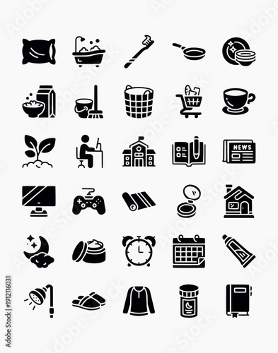 Collection of modern black and white icons for business and daily life