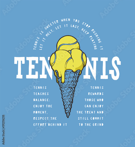 Tennis balls ice-cream in waffle cone vintage typography tennis t-shirt print vector illustration.