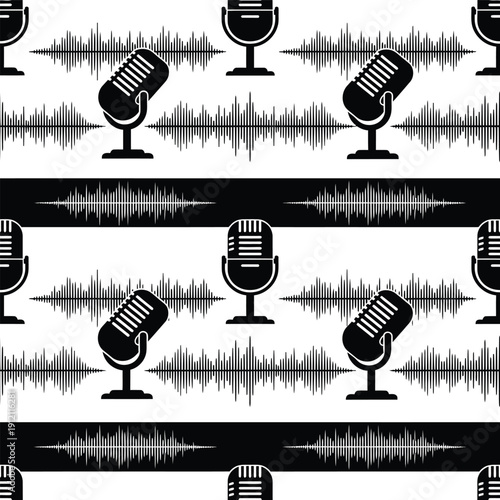Microphones and sound waves pattern illustration on white background