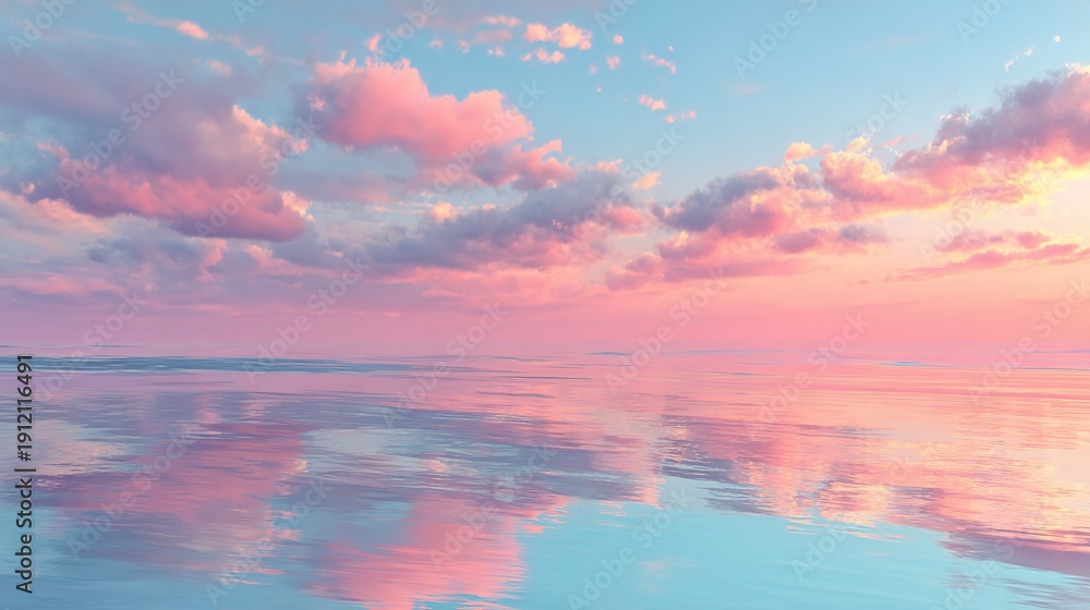 Fototapeta premium Serene Sunset Reflection: The calm water mirrors a breathtaking pastel sunset, creating a dreamy landscape filled with soft hues and tranquility.