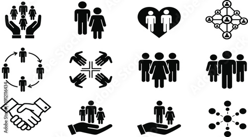 Assortment of black and white symbolizing community connection teamwork and human relationships including hands and people figures