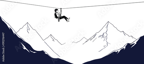 Black and White Silhouette of Person Ziplining Between High Mountain Peaks for Extreme Sports Outdoor Adventure Recreation Tourism and Adrenaline Junkie Concept Graphic Design