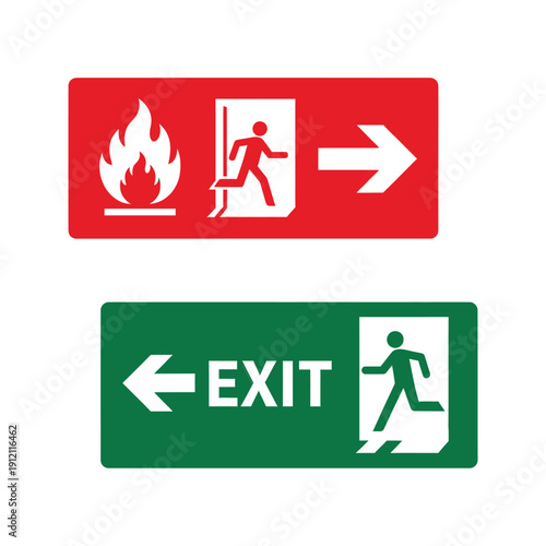 Two emergency exit signs, one red for fire exit with a running person and arrow, and one green with 'EXIT' text and a running person pointing left.