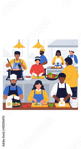 People working in a food preparation area with yellow lights above.