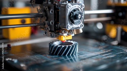 Obraz na płótnie Close-up of a 3D printer creating a complex mechanical part in a workshop.