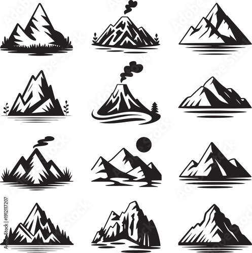 Collection of mountain and volcano icons and silhouettes for design