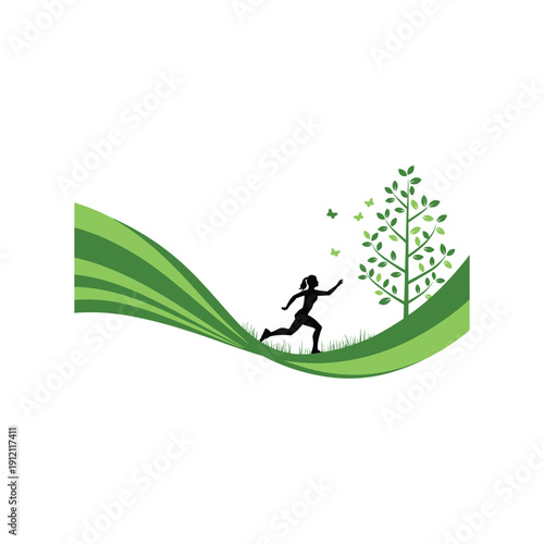 Eco friendly lifestyle illustration with running woman and growing tree