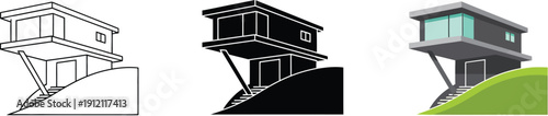Modern stilt house icon set featuring line art silhouette and color vector illustrations for architectural concepts