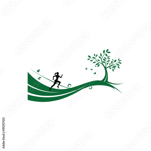 Running Man Silhouette with Green Nature Wave and Tree Healthy Lifestyle Vector Illustration