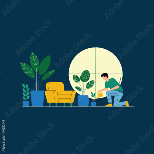 Man Watering Indoor Plants at Home Cozy Living Room Gardening Vector Illustration