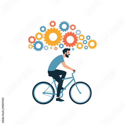 Man Riding Bicycle with Creative Gear Wheels Above Head Vector Illustration