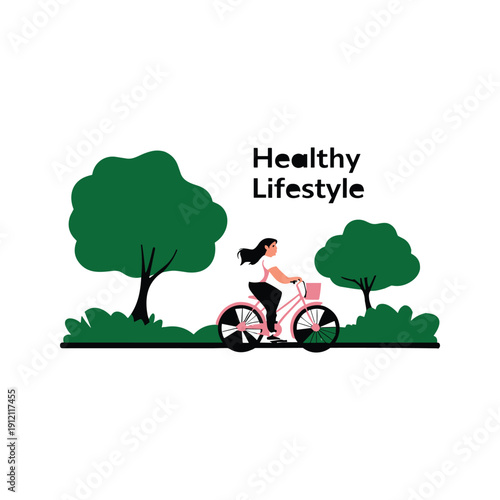 Healthy lifestyle illustration of woman cycling in nature park