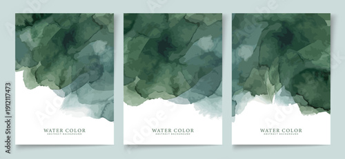 Trio of minimalist vertical greeting card designs featuring deep forest green and muted teal watercolor textures with white negative space at the bottom.