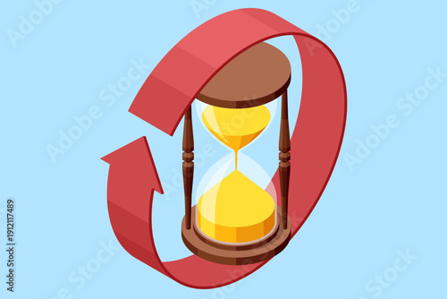 Isometric Hourglass with red arrow cycle. Isometric hourglass with red circular arrow around it. Time cycle, deadline renewal and countdown concept.