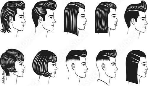 Collection of black and white showcasing diverse male and female hairstyles for men and women in profile views