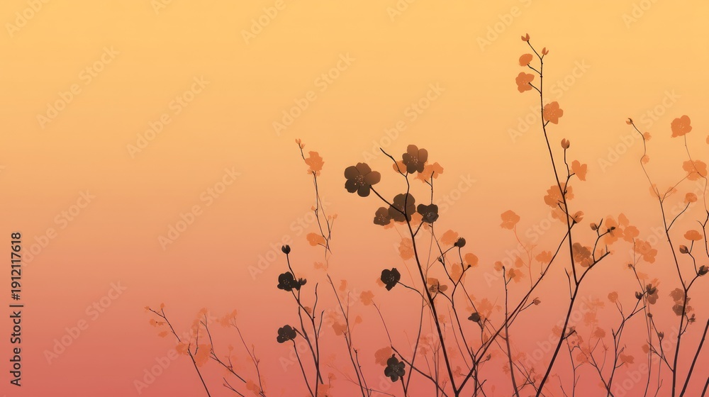 Obraz premium Silhouettes of flowers against a gradient sky, with a warm orange and pink hue, and a soft focus effect.