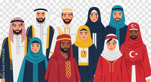 Diverse group of people in traditional cultural attire.