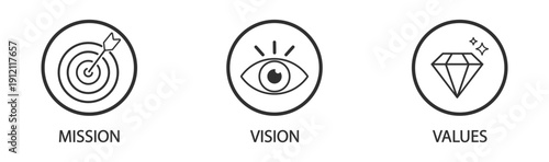 Mission Vision and Values Monochrome Outline Icons with Objective Idea and Crystal Symbols for Startup Branding Isolated on Transparent Background