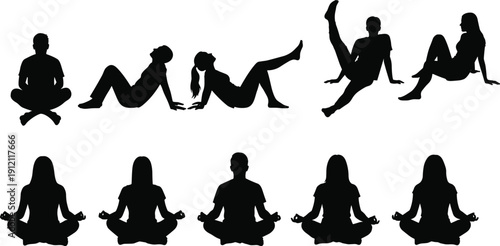 Collection of black yoga and fitness silhouettes isolated on white background, men and women meditating, stretching, sitting and exercising in various poses, vector style illustration