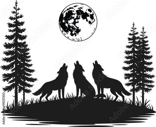 Three Howling Wolves Silhouette Under Full Moon in Pine Forest Night Landscape, Wild Nature Wildlife Illustration, Mystical Woodland Scene Black and White Art