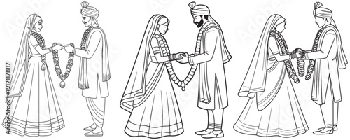 Indian Groom and Bride line art vector set, isolated on white background