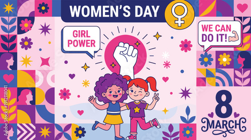 Women's Day empowerment vector illustration, colorful cartoon girls with raised fists and celebration icons