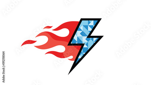 Blue geometric patterned lightning bolt combined with bright red fire flames against a clean white background.