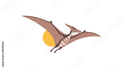 Illustration of a pteranodon dinosaur flying gracefully through the air with a yellow sun in the background.