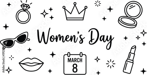 Women's Day glam vector illustration, stylish design with March 8 calendar and feminine celebration icons