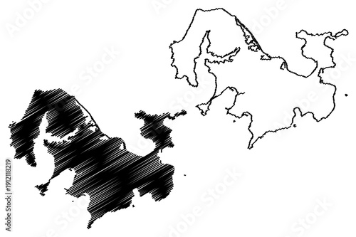 Kamikoshiki-jima island (Japan, East Asia, Japanese archipelago, Koshikijima Islands) map vector illustration, scribble sketch Kamikoshikijima map