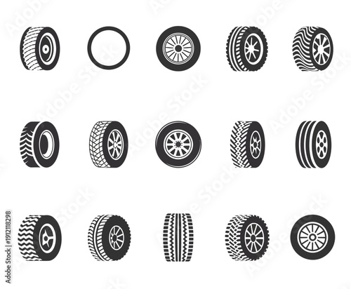 Tires and wheel disks auto service vector pack, isolated automotive icons for vehicle maintenance, car repair, garage services, transportation, automotive industry, and mechanical illustration project