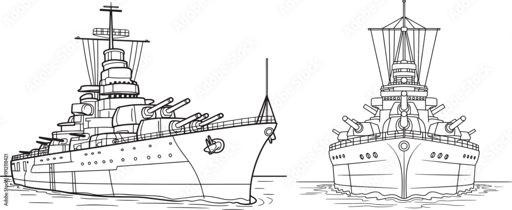 Naklejka premium Battleship warship outline vector, military naval vessel with cannons and radar tower sailing on sea. vector