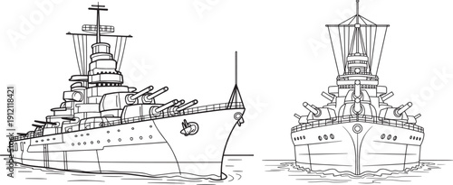 Battleship warship outline vector, military naval vessel with cannons and radar tower sailing on sea. vector