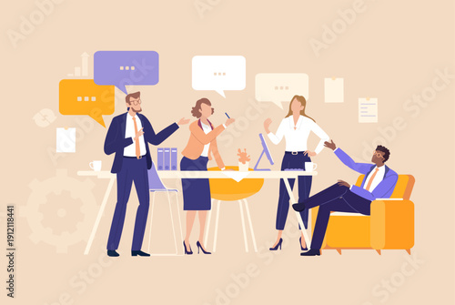 Strategic Team Meeting. Business people engage in focused discussion during a meeting, collaborating to analyze problems and develop practical solutions together.