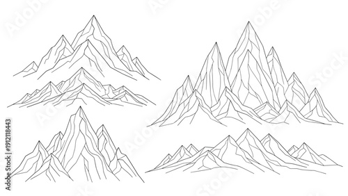 Collection of various mountain range sketches with sharp peaks and detailed line work in a minimalist style.