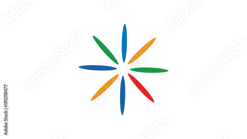 Symmetrical eight-pointed starburst icon featuring a variety of bright colors like blue, red, green, and orange.
