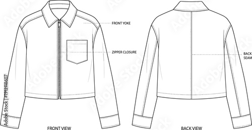 Cropped jacket technical drawing vector, front and back view with front yoke, zipper closure, and back seam