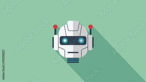 Futuristic Robot Head Icon with Long Shadow on White Background, Artificial Intelligence Vector Logo Design.