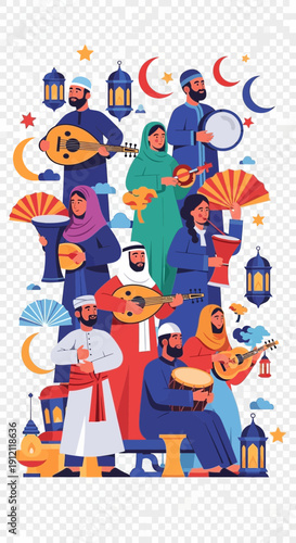 Festive gathering with people celebrating with music and lanterns.