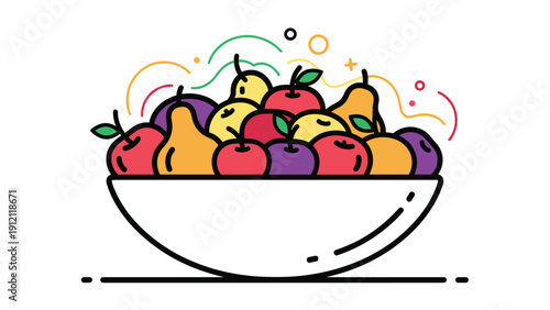 Colorful bowl filled with a variety of fruits like apples and pears decorated with whimsical wavy lines.