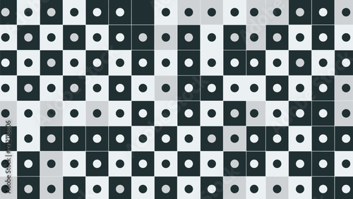 Abstract repeating pattern of small dots centered within a grid of black, white, and gray squares for background.