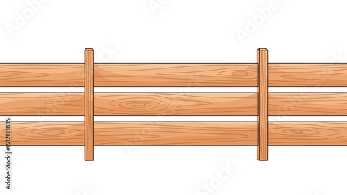 Detailed illustration of a horizontal wooden fence with grain texture and vertical posts on a white background.