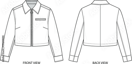 Cropped jacket technical drawing vector, front and back view with zipper closure, chest pocket, and seam details