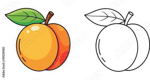Fresh peach fruit vector illustration with green leaf and black outline style for coloring book page.