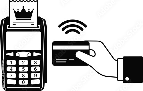 Hand holding credit card for contactless payment tap to pay pos machine wireless nfc mobile payment cashless