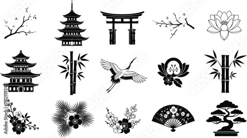 Collection of traditional Japanese cultural symbols and motifs in black silhouette including pagodas cranes cherry blossoms and fans