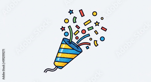 Colorful party popper exploding with confetti and stars on light background for celebration