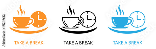 Take a break concept with coffee cup and clock icons