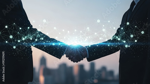 Business handshake with digital network connectivity and virtual link over modern city skyline background